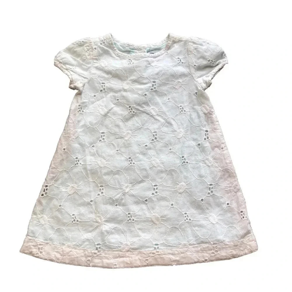 Janie And Jack White Floral With Blue Lining Short Sleeve Dress Size 12-18 Month